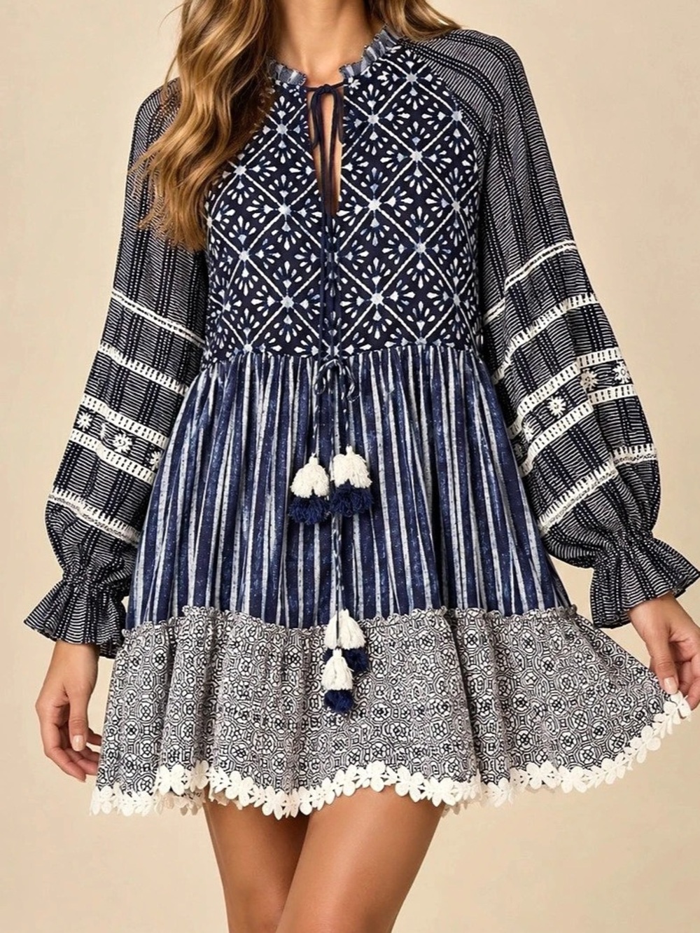 Hemant & Nandita Navy Blue Boho Patchwork Tunic Mini Dress Lace Trim L